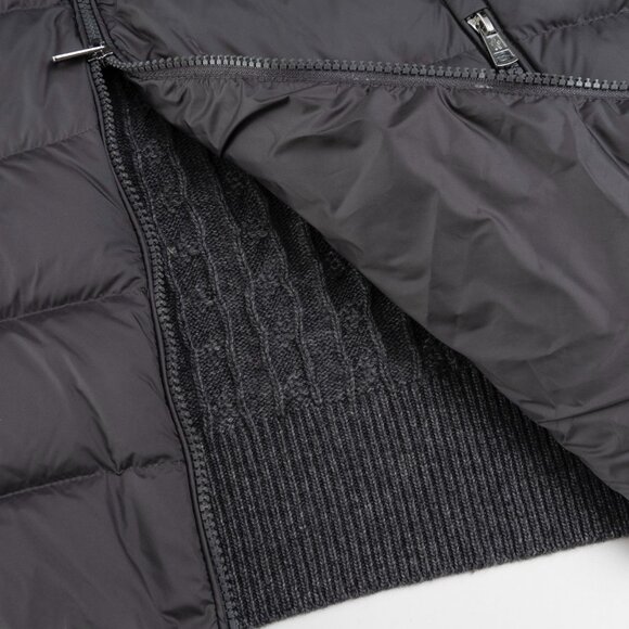 Moncler Grey Down Jacket | Wool Knit Sleeves, White Stripes, 90% White Duck Down - Picture 7 of 9